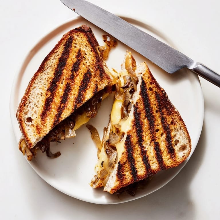 A close-up of a Caramelized Onion & Gruyère Grilled Cheese on a white plate with a green salad.  