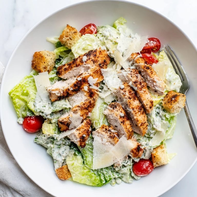 Savor this high-protein Yogurt Caesar Grilled Chicken Salad with juicy chicken and shaved Parmesan.