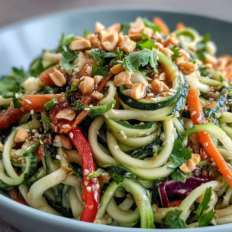 Fresh, colorful Raw Vegetable Noodle Salad served with crunchy peanuts and cilantro, perfect for a light summer lunch.
