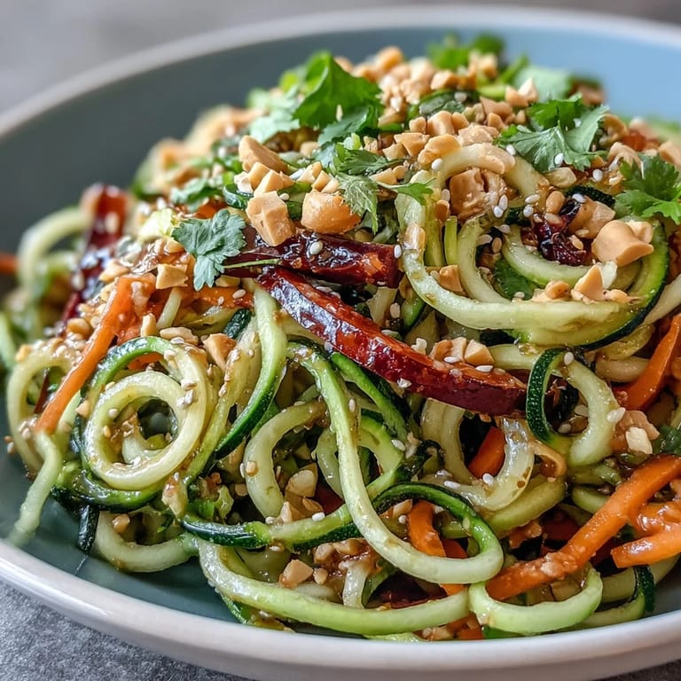 Colorful bowl of crisp spiralized veggies in tangy Asian-inspired dressing, a refreshing vegan side for any cookout.