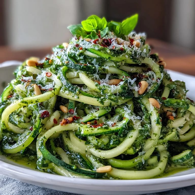 Spiralized zucchini noodles sautéed briefly, then coated in vibrant green pesto for a low-carb Italian-inspired main.