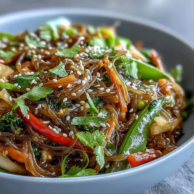 This healthy vegan Kelp Noodle Stir-Fry is tossed with crisp carrots and spinach, ready to be served hot with a garnish of sesame seeds.