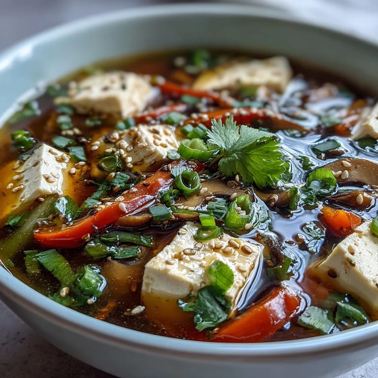 Close-up of Tofu and Vegetable Soup revealing colorful carrots, red peppers, and tender tofu in a ginger-infused broth.