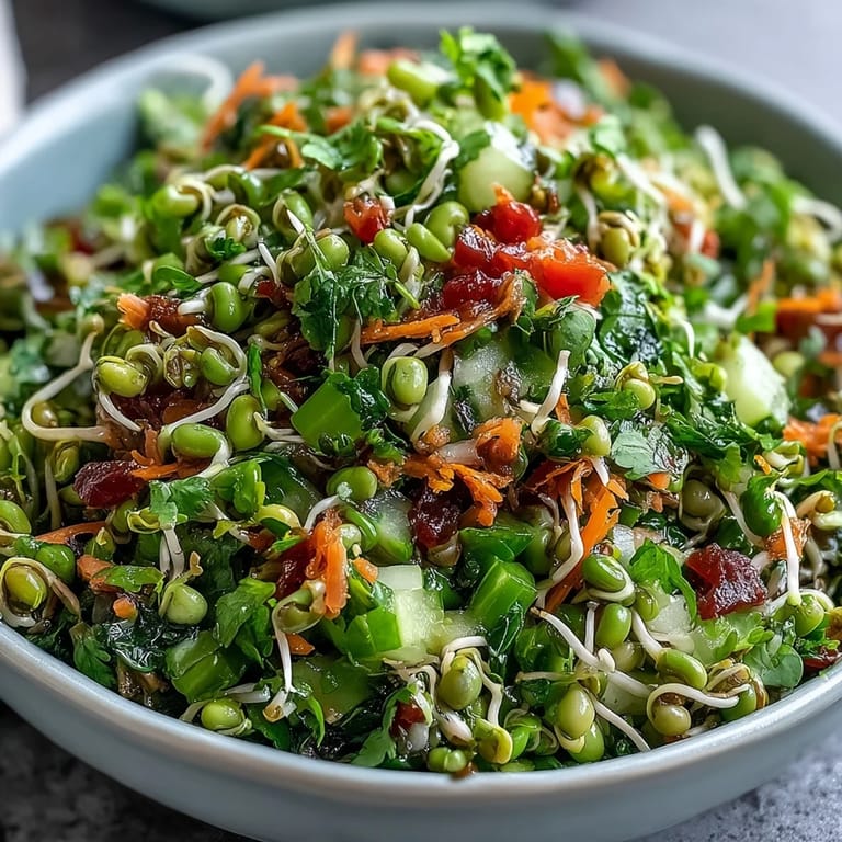 Healthy Sprouted Seed Salad served in a rustic bowl, showcasing vibrant red onions and fresh cilantro, perfect for a light, vegan-friendly lunch.