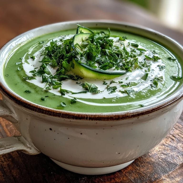Creamy homemade Zucchini Soup, garnished with fresh parsley and lemon zest, served in a rustic bowl.