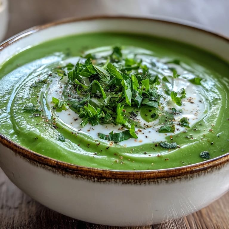 Freshly blended Zucchini Soup with silky texture and basil, finished with a drizzle of olive oil.