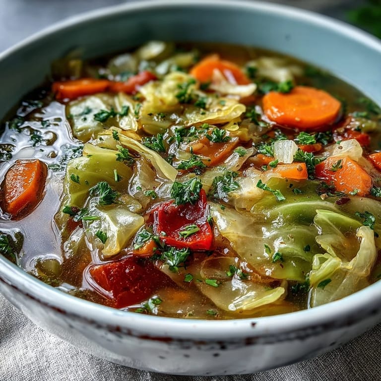 A ladle serving homemade Cabbage Soup next to a slice of crusty whole-grain bread on a rustic table.