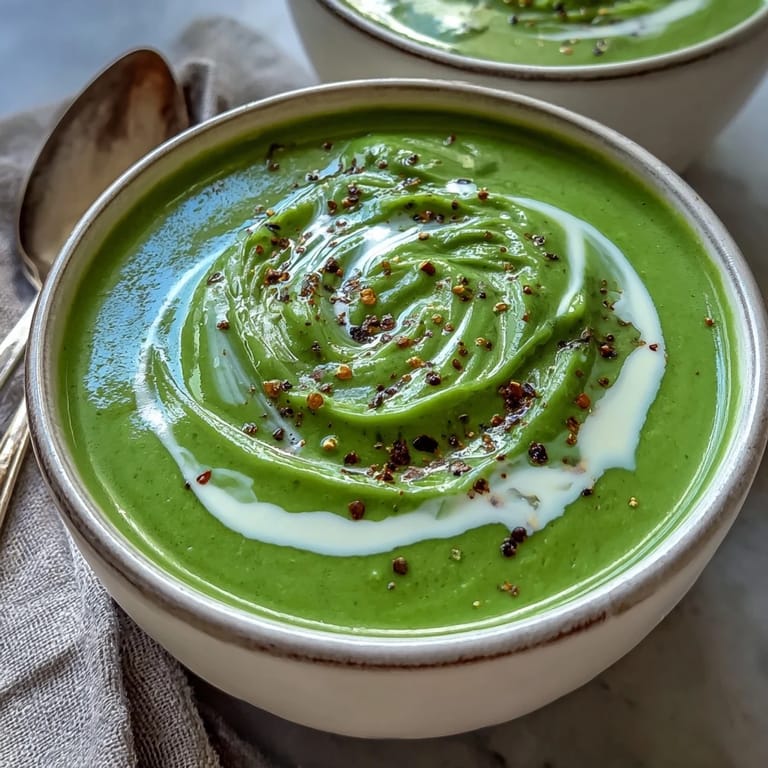 Creamy spinach soup in a rustic white bowl, garnished with a swirl of cream and fresh black pepper, served as a warm light lunch.
