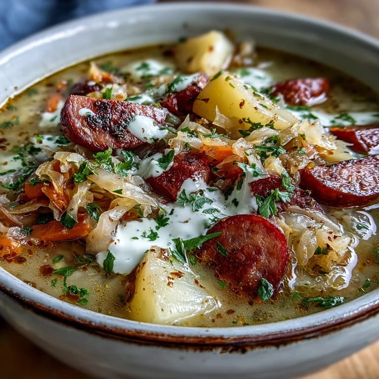 Healthy Sauerkraut Soup topped with fresh parsley, served hot with optional sour cream for a creamy finish.