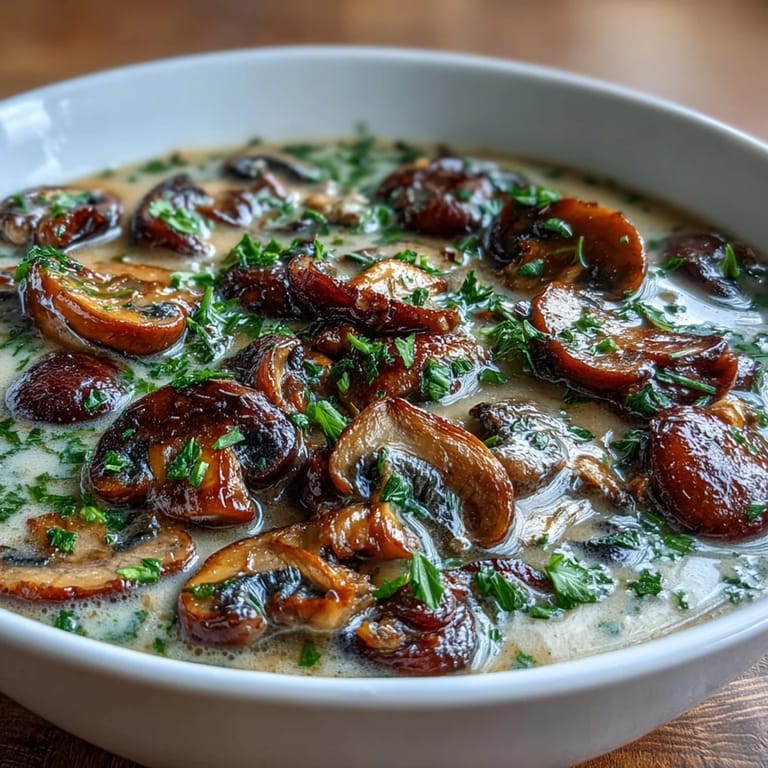 Thick, blended Mushroom Soup topped with chopped parsley and a swirl of cream, highlighting its rich, umami-filled texture.