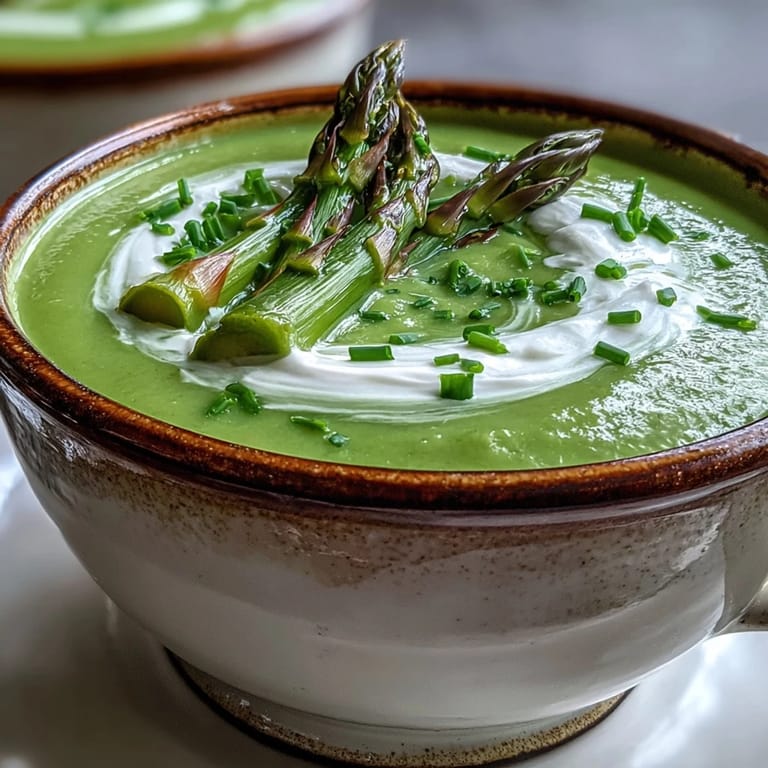 Silky homemade asparagus soup topped with blanched tips and herbs, perfect for a light spring appetizer or lunch.  