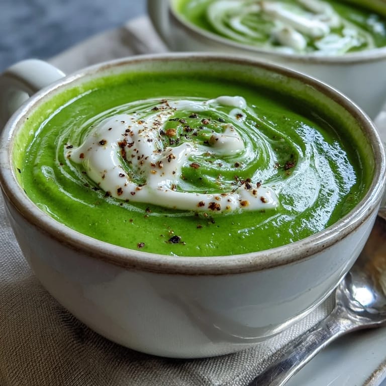 Homemade spinach soup in a white bowl with a slice of crusty bread on the side, set on a rustic wooden table.