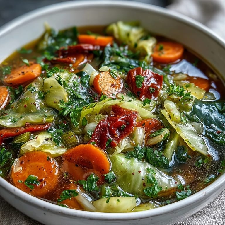 A close-up of bright Cabbage Soup featuring red bell peppers, diced tomatoes, and fresh parsley garnish.