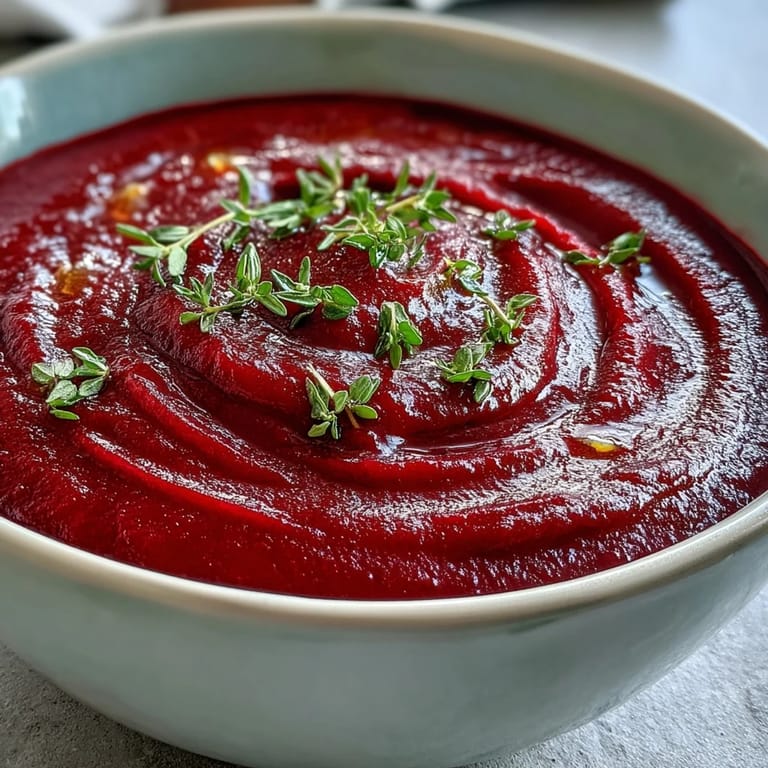 A comforting bowl of roasted beet soup with a velvety texture, ready to serve with crusty bread on the side.