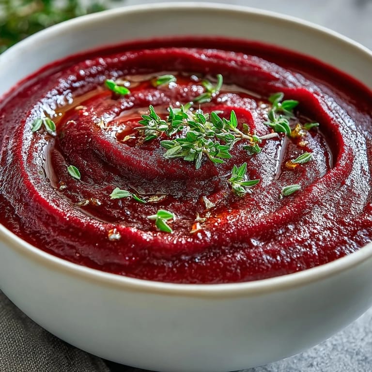 A creamy roasted beet soup in a white bowl, topped with a swirl of cream and fresh thyme leaves.