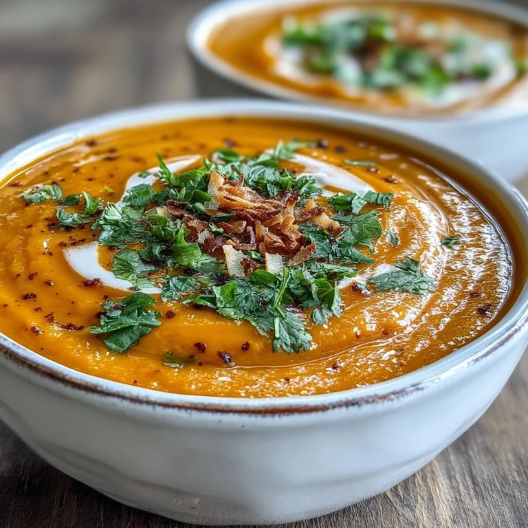 Vibrant orange Carrot and Coconut Soup is served steaming in a white bowl, ready to eat.