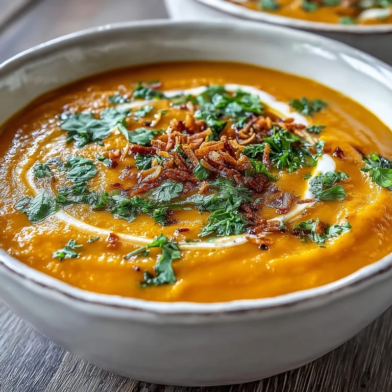 An overhead view of Carrot and Coconut Soup topped with fresh herbs and a lime wedge.