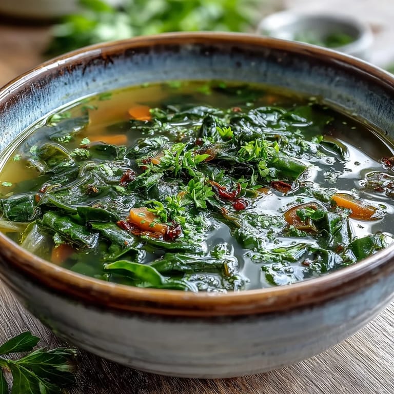 Freshly chopped Swiss Chard Soup in a white bowl, garnished with parsley and a lemon wedge.