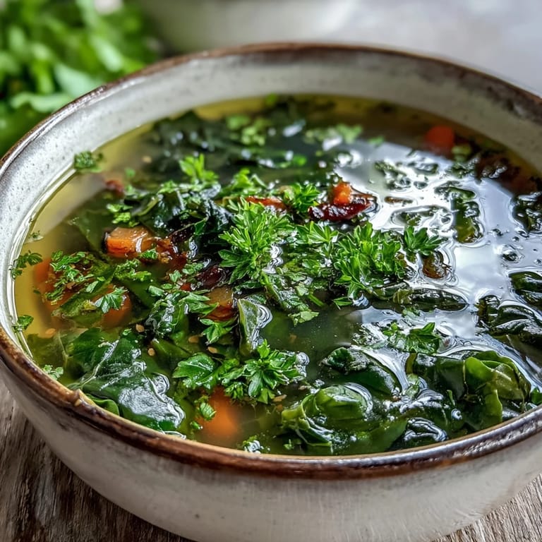 Homemade Swiss Chard Soup served in a rustic bowl with a spoon, ready to enjoy hot.