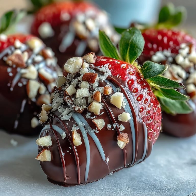 Fresh strawberries dipped in white and dark chocolate drizzle served elegantly on a platter.