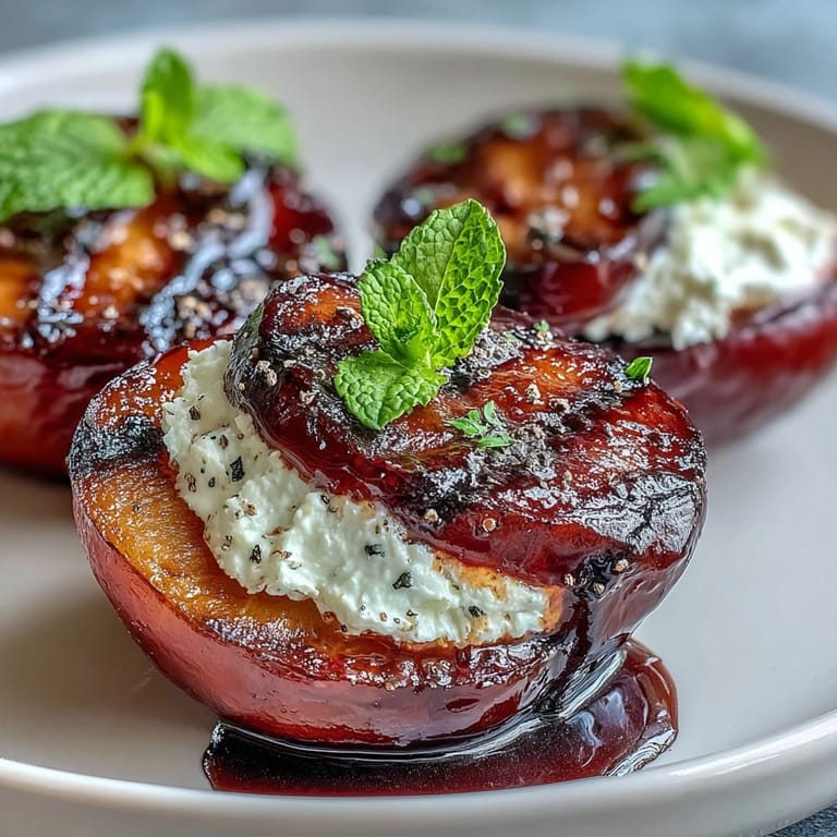 Golden, caramelized plums with melted goat cheese and a glossy balsamic drizzle, presented on a rustic serving dish for an appetizer.
