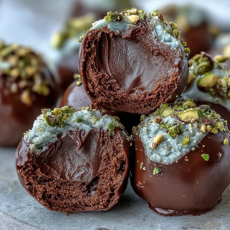 Hand-rolled chocolate truffles coated in chopped nuts and coconut, arranged on a marble surface.