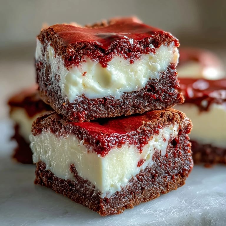 Close-up of fudgy Red Velvet Cheesecake Brownies showing moist red velvet texture and luscious cheesecake swirls.