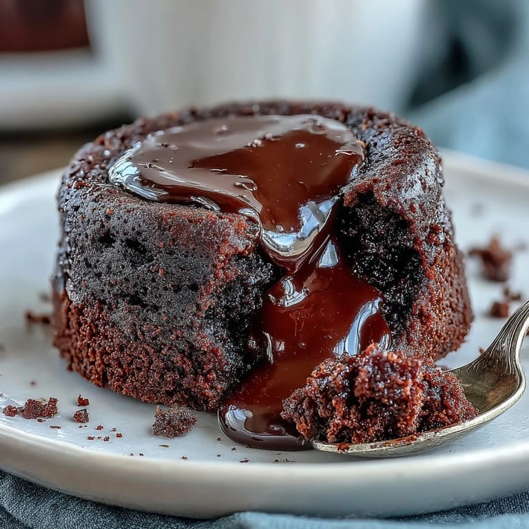 Four ramekins of Chocolate Lava Cakes with Espresso sit on a baking sheet, ready to be inverted onto dessert plates. 