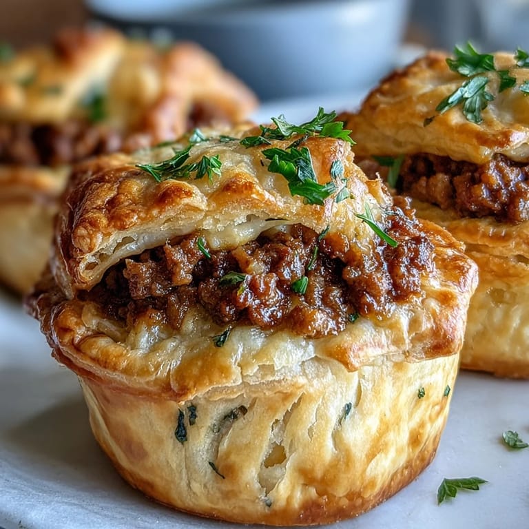 A close-up of Mini Beef Tourtières reveals the savory ground beef filling and fork-sealed, golden edges.