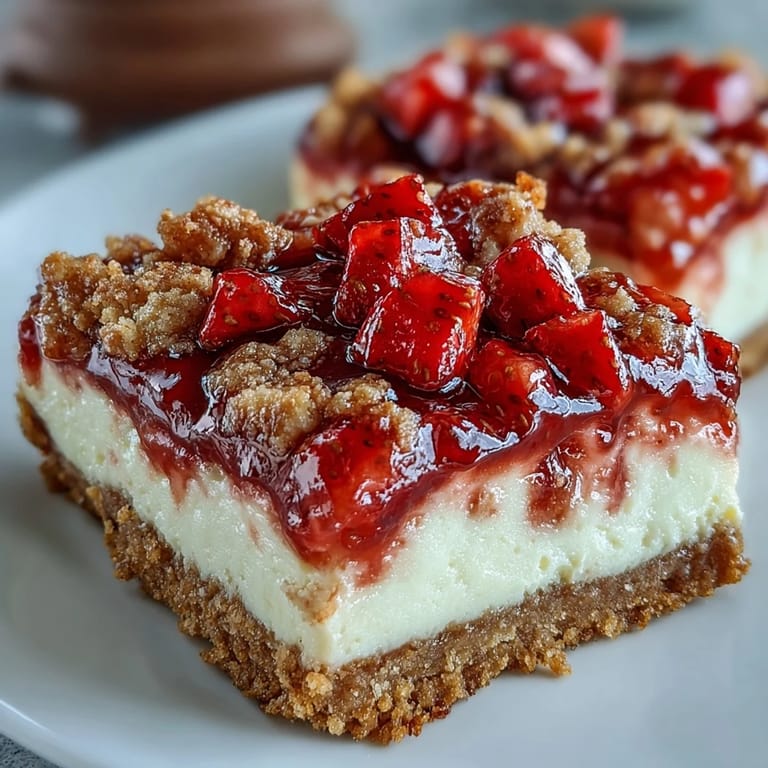 Homemade Strawberry Cheesecake Bars showing layers of buttery crust, smooth cheesecake filling, and juicy strawberry topping.