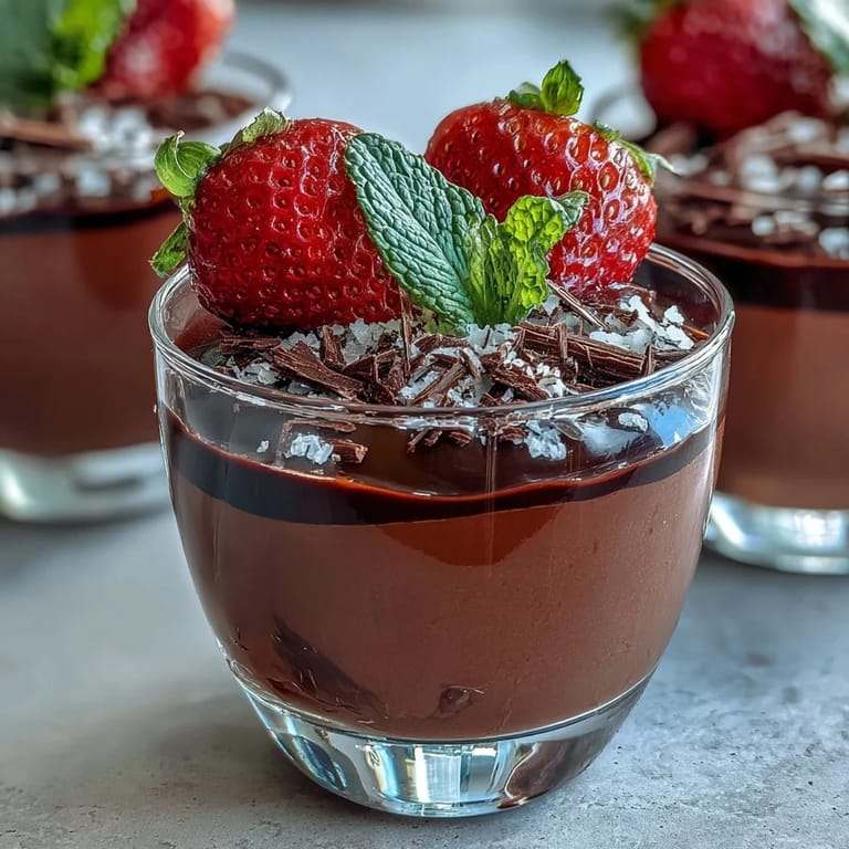 In clear dessert glasses, Chocolate-Covered Strawberry Mousse displays airy strawberry cream and a rich chocolate layer, garnished with mint and shaved chocolate.