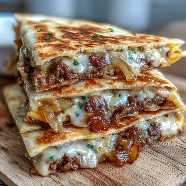 A golden wedge of Cheesy Griddled Smashburger Quesadillas reveals juicy smashburger patties, sharp cheddar, and sweet onions ready for dinner.