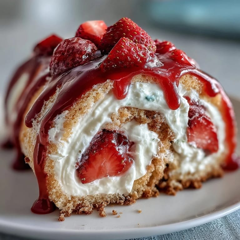 A close look at Strawberry Shortcake Sushi Roll shows golden crepes layered with sponge cake and strawberries.