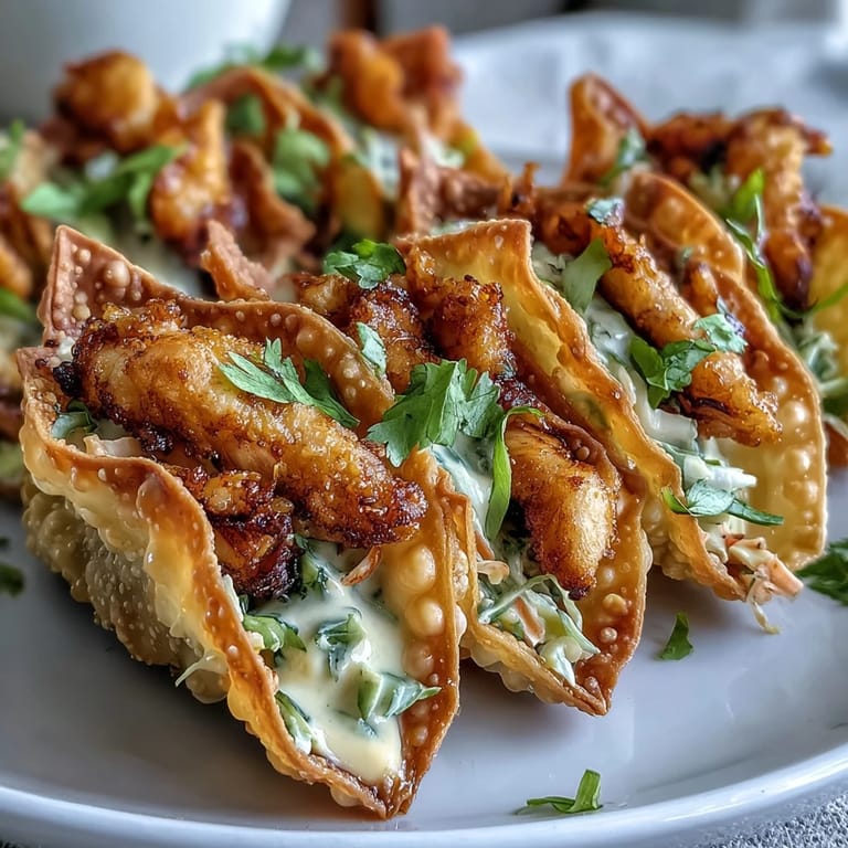 Close-up of golden Crispy Chicken Wonton Tacos featuring ginger-marinated chicken and shredded lime-dressed slaw.