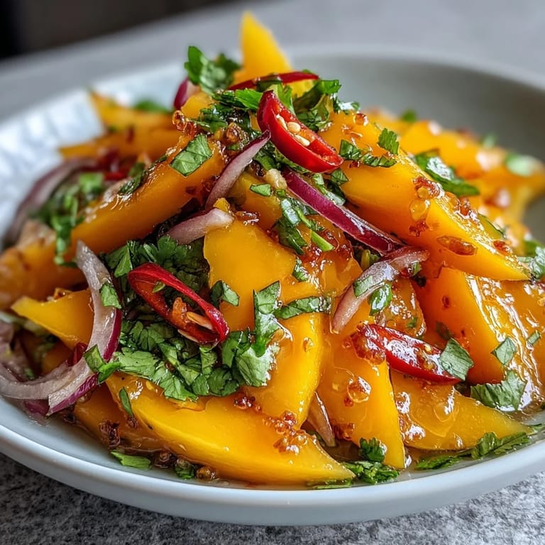 A cooling fusion lunch, the Refreshing Mango Salad highlights sweet mango, red onion, and cilantro flecks.