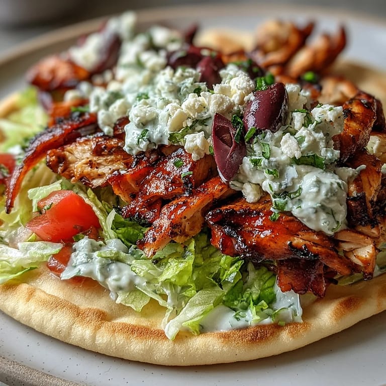 Sizzling marinated chicken thighs are layered in a pita with crisp lettuce, juicy tomatoes, and a dollop of tangy feta tzatziki.