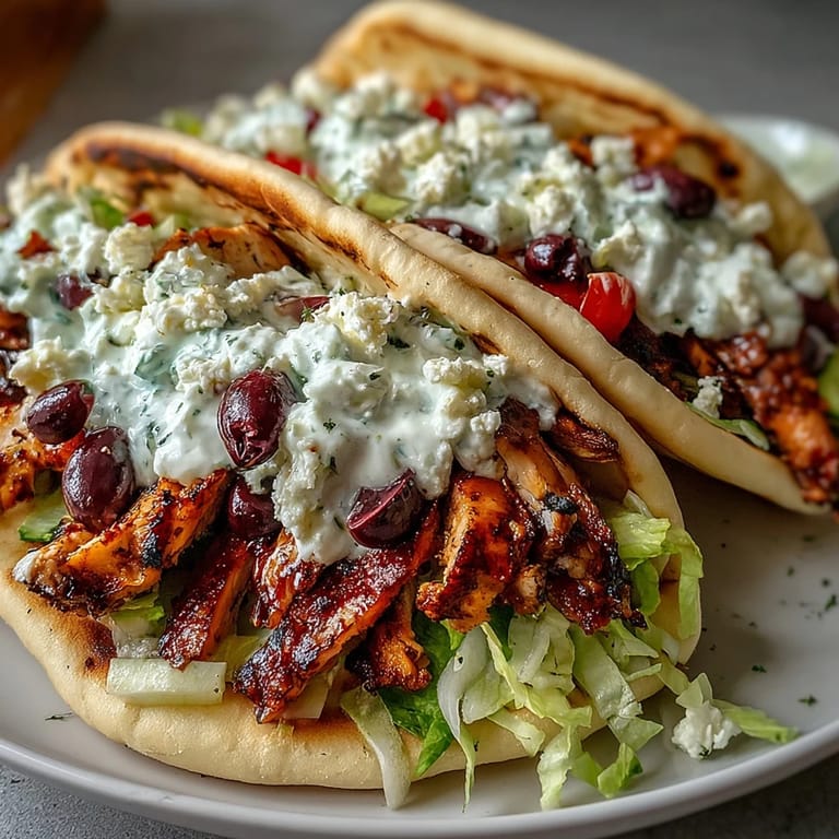 Close-up view of a Mediterranean Chicken Gyros wrap, overflowing with cool cucumber tzatziki, kalamata olives, and vibrant red onion slices.