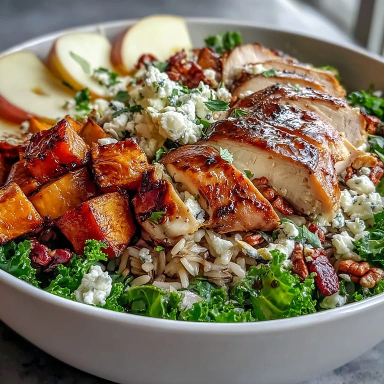 An overhead view of a wholesome Harvest Bowl featuring kale, diced apples, goat cheese crumbles, and savory roasted sweet potatoes.