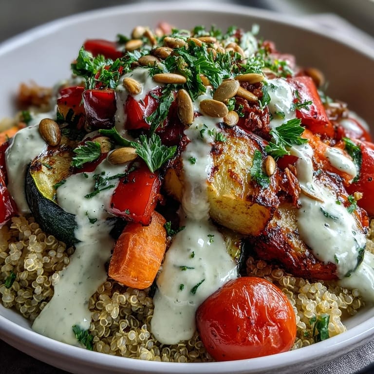 A creamy tahini sauce drizzled over the Mediterranean bowl adds tangy richness and a glossy finish.