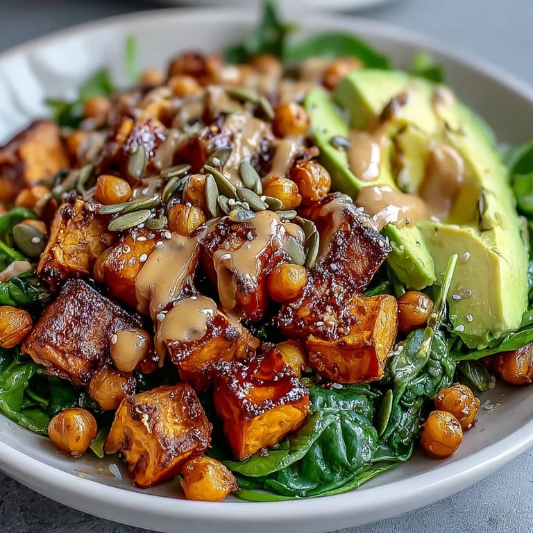 Caramelized sweet potato cubes and crunchy chickpeas roasted to perfection, ready to drizzle with zesty lemon tahini sauce.