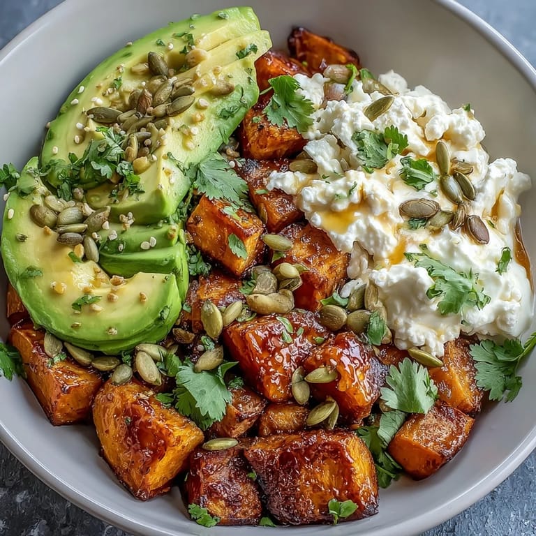 Freshly chopped cilantro and toasted pumpkin seeds garnish this vibrant, nourishing Hot Honey Sweet Potato Bowl meal.