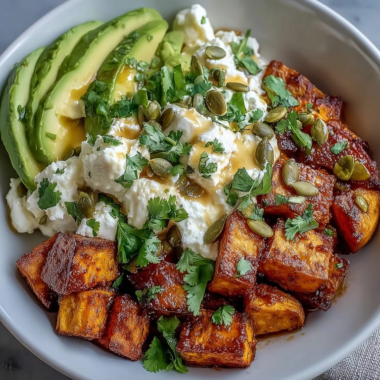 Crispy-edged sweet potatoes and smooth avocado create the perfect textures in this savory Hot Honey Sweet Potato Bowl.