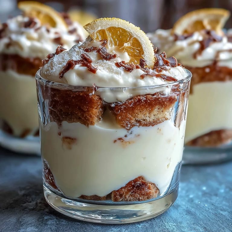 Elegant individual tiramisu cups featuring limoncello-soaked ladyfingers layered with rich mascarpone cream and lemon zest.