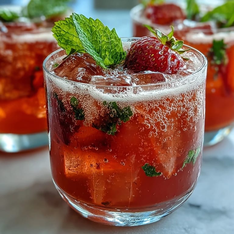 Vibrant, chilled strawberry lemon mocktail topped with whole berries and mint, a festive non-alcoholic drink for any celebration.