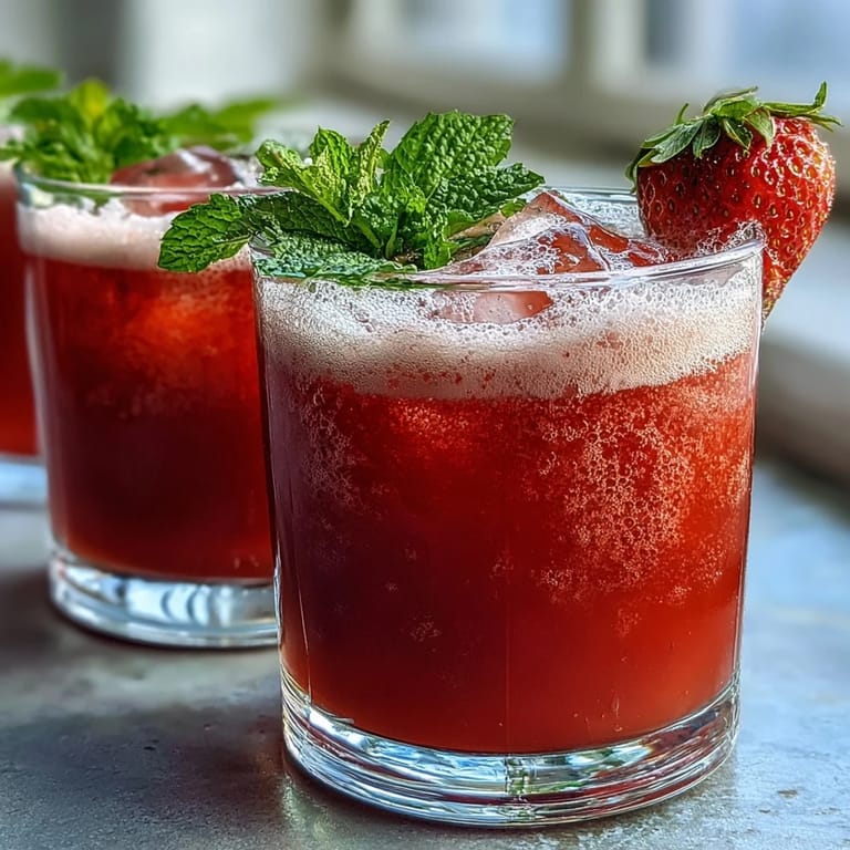Sweet and tangy strawberry lemon sparkling beverage with ice, garnished with lemon wheels and mint, ideal for brunch or picnics.