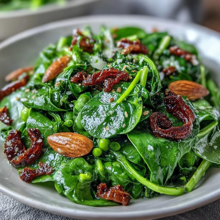 A colorful spring green salad with honey mustard dressing, featuring crunchy snap peas, radishes, and toasted almonds for a refreshing appetizer or light lunch.
