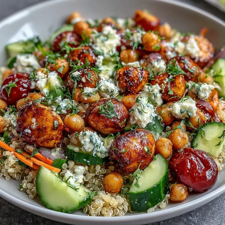 Colorful vegetarian grain bowl with quinoa, spiced chickpeas, crisp cucumbers, tomatoes, and parsley, topped with tangy lemon vinaigrette.