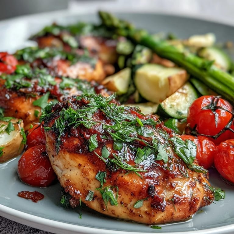 Easy spring sheet pan chicken with fresh zucchini, cherry tomatoes, and aromatic herbs, served hot from the oven.