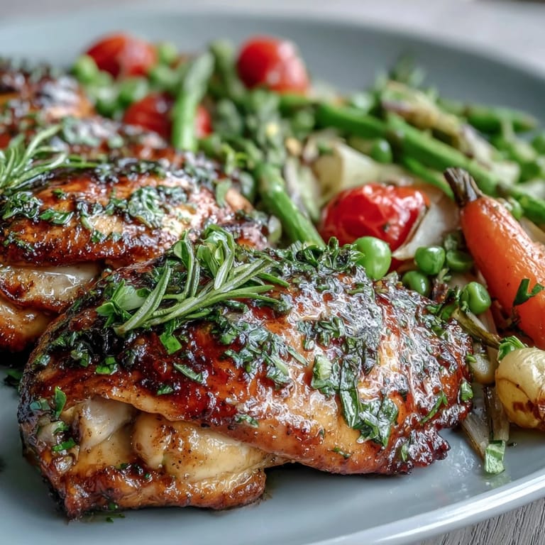 A colorful sheet pan dinner featuring juicy chicken breasts and crisp spring vegetables, drizzled with a zesty lemon-herb marinade.  