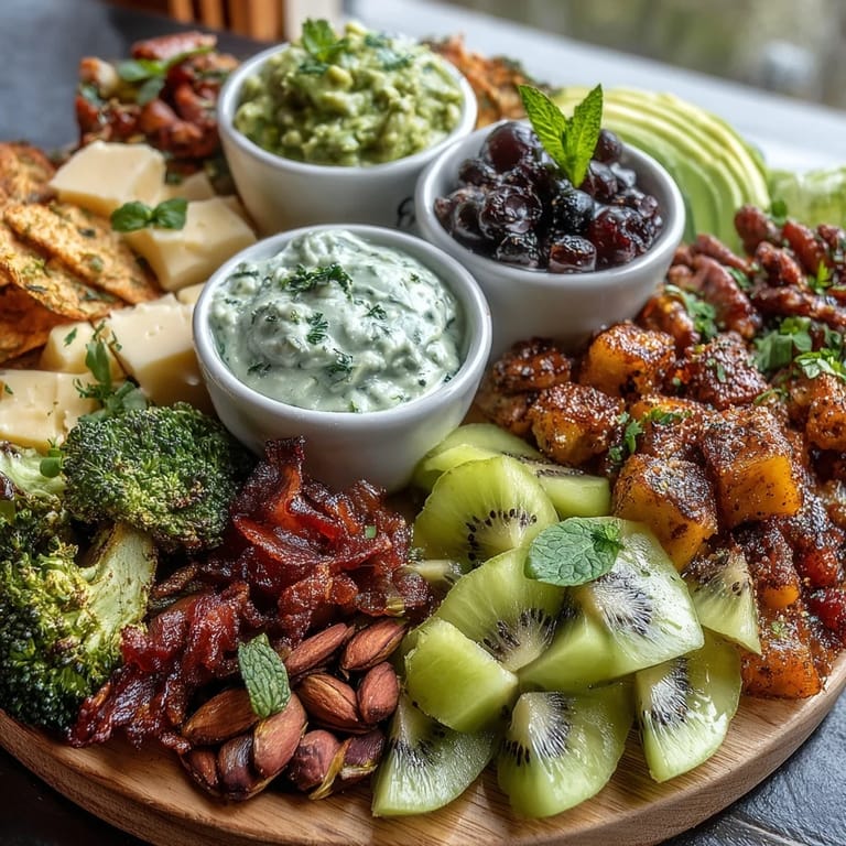 Colorful St. Patrick's Day green food board featuring grapes, kiwi, broccoli, cheese, and guacamole for festive snacking.